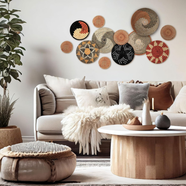 11 Pcs Boho Decor Decorative Bulrush Woven Basket Wall Decor Boho Wall Art Round - Image 3