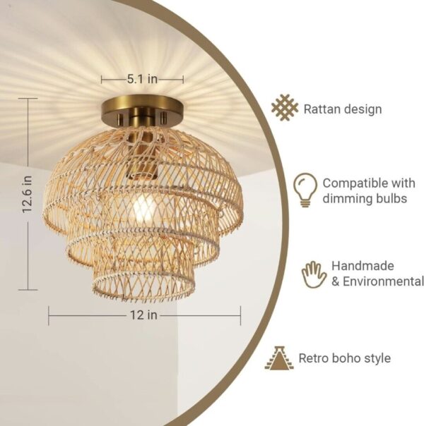 12'' Rattan Ceiling Light Fixtures Boho Chandelier Rattan Semi Flush Mount Brown - Image 2