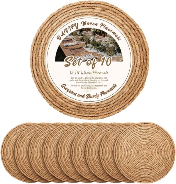 13 in Round Woven Placemats Plate Chargers Set of 10, Boho Farmhouse Rustic Woven Place Mats for Dining Table Decor, Rattan Wicker Table Mats Jute Braided Chargers for Dinner...