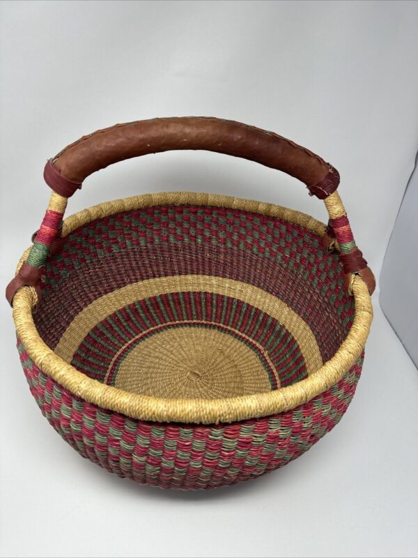 16” African Ghana Bolga Basket Hand Woven Braided Leather Handle VTG Red Green - Image 2