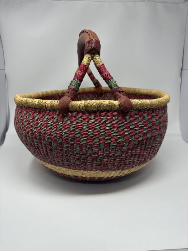 16” African Ghana Bolga Basket Hand Woven Braided Leather Handle VTG Red Green - Image 3