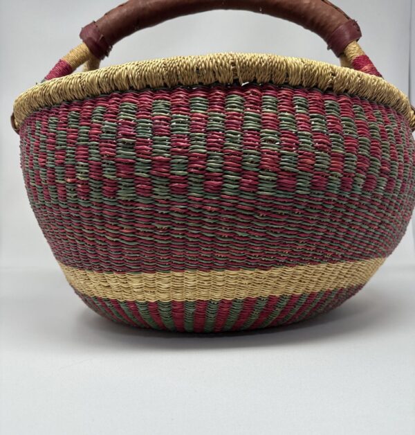 16” African Ghana Bolga Basket Hand Woven Braided Leather Handle VTG Red Green - Image 4