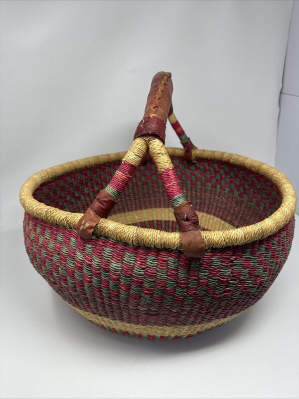 16” African Ghana Bolga Basket Hand Woven Braided Leather Handle VTG Red Green - Image 5