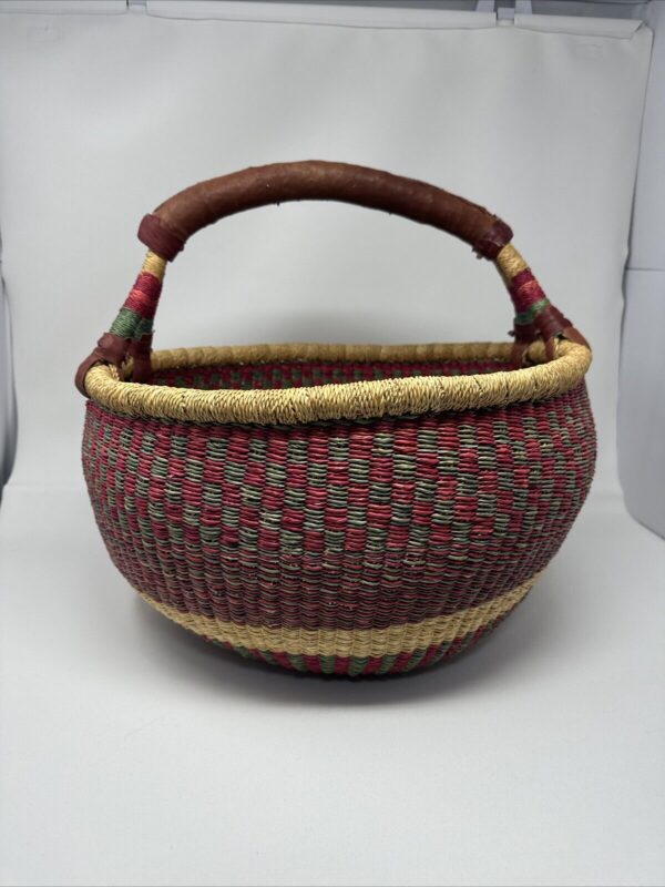 16” African Ghana Bolga Basket Hand Woven Braided Leather Handle VTG Red Green