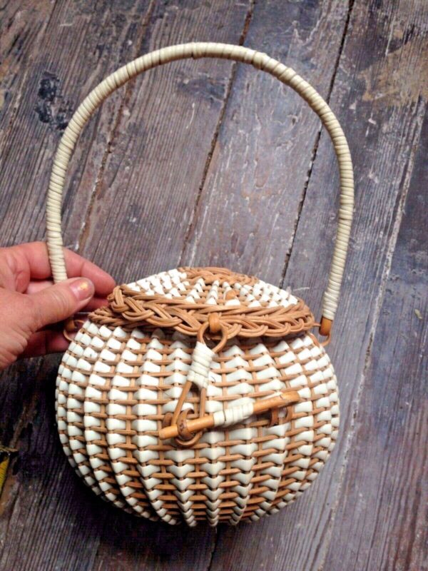 1960's PROVENCE BOHO WOVEN ROUND BASKET PURSE BALL SHAPE PVC & WICKER FRANCE