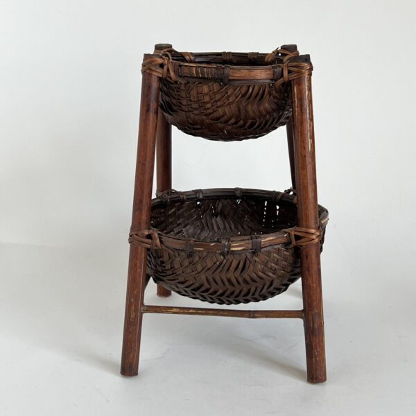 2 Tiered Bamboo Wicker Basket Kitchen Fruit Veggie Storage Vintage Boho Cottage