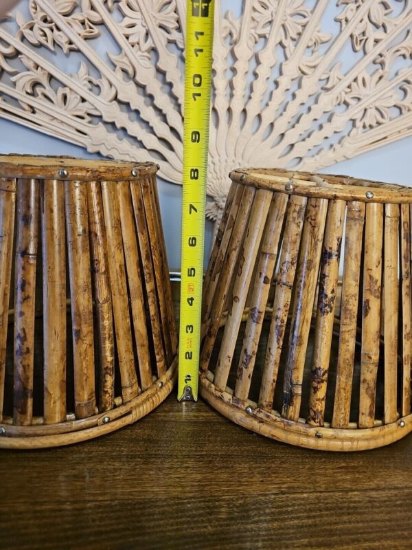 (2) Vintage Bamboo Rattan Lamp Light Shades 8" Tall - Image 4