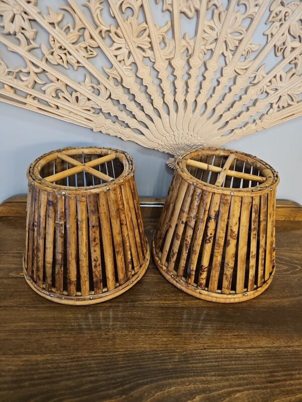 (2) Vintage Bamboo Rattan Lamp Light Shades 8" Tall