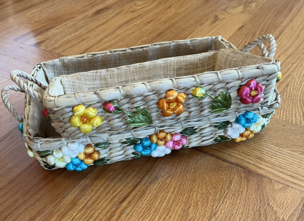 2 Vintage Bright Flower Nesting Woven Straw Lined Casserole Dish Carrier Baskets - Image 4