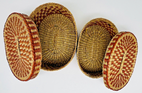 2 Vintage Nesting Baskets Woven Basket Weave Oval Lidded Boxes 6 & 5.5" BOHO - Image 3