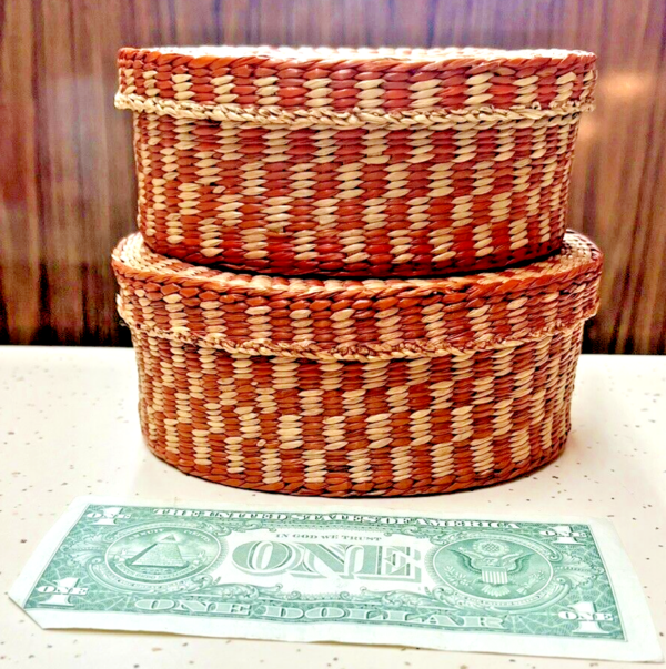 2 Vintage Nesting Baskets Woven Basket Weave Oval Lidded Boxes 6 & 5.5" BOHO