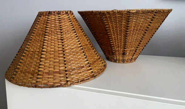 2 Vintage Wicker Rattan Lamp Shades Basket Woven Boho 9.75” x 15” Cottage Beach - Image 2