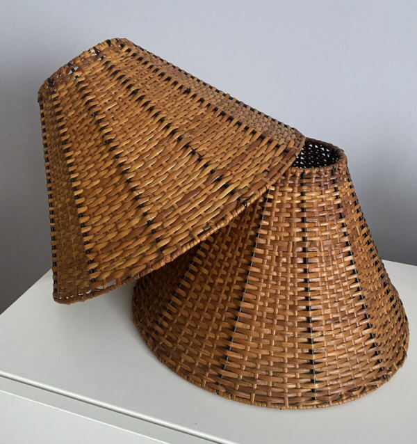 2 Vintage Wicker Rattan Lamp Shades Basket Woven Boho 9.75” x 15” Cottage Beach