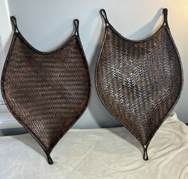 2 Wicker leaf shaped Baskets Wall Decor Brown African Boho Woven Trays