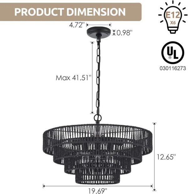 20" Hand-Woven Rattan Chandelier 6-Lights Transitional Minimalist 4 Round #8221 - Image 2