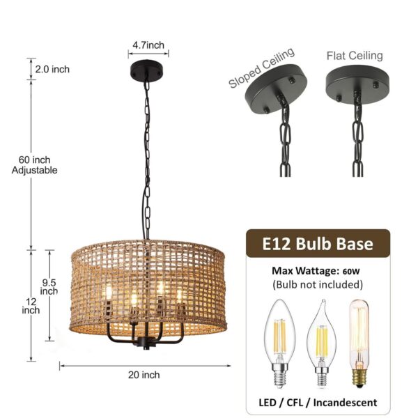 20in Rattan Chandelier 4-Light Wicker Boho Hand Woven Drum Shade Farmhouse Ch... - Image 4