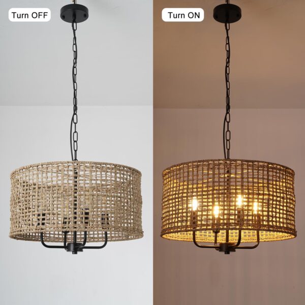 20in Rattan Chandelier 4-Light Wicker Boho Hand Woven Drum Shade Farmhouse Ch... - Image 6