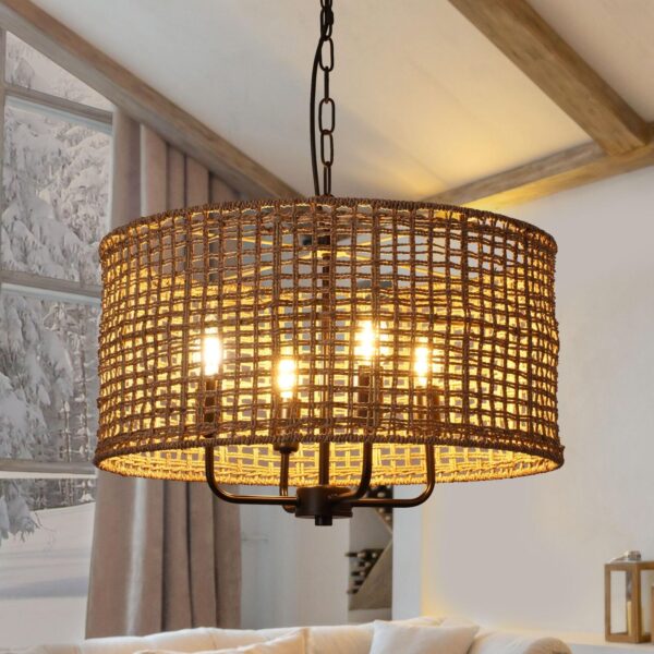 20in Rattan Chandelier 4-Light Wicker Boho Hand Woven Drum Shade Farmhouse Ch...