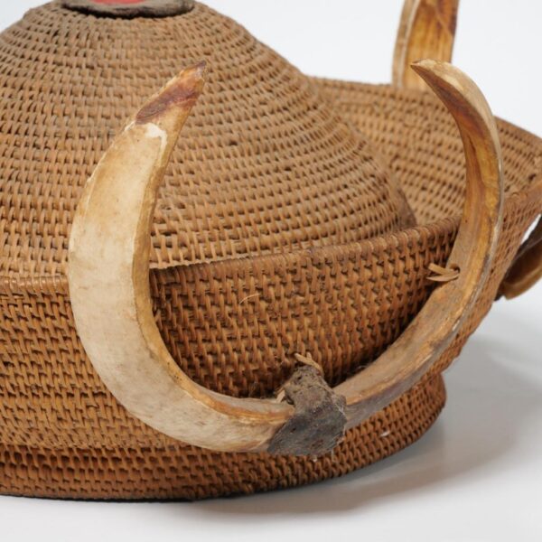 20th C Filipino Sukland Bachelor's Woven Basket Hat Boar Horns - Image 2