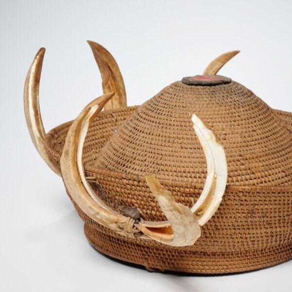 20th C Filipino Sukland Bachelor's Woven Basket Hat Boar Horns - Image 4