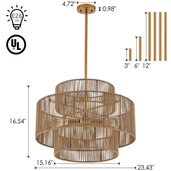 24” Boho Hand Woven Rattan Chandelier 3 Round Adjustable 4-Light Large Pendan... - Image 5