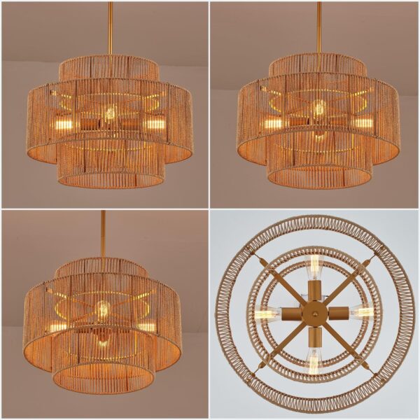 24” Boho Hand Woven Rattan Chandelier 3 Round Adjustable 4-Light Large Pendan... - Image 6