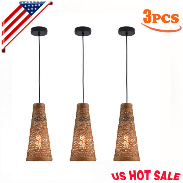 3 Cone Bamboo Lamp Shade Handwoven Ceiling Light Fixture Cover for Pendant Light - Image 3