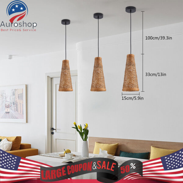 3 Cone Bamboo Lamp Shade Handwoven Ceiling Light Fixture Cover for Pendant Light - Image 3