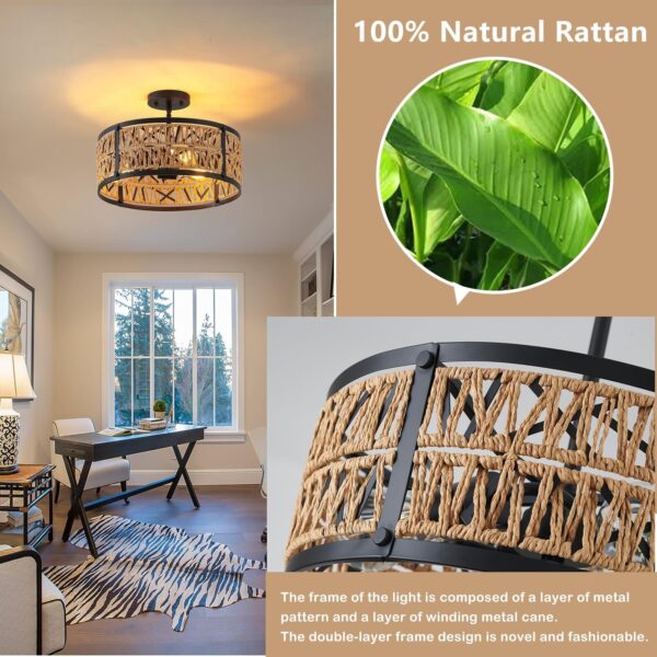 3-Lights Rattan Boho Chandelier for Dining Room Drum Wicker Pendant Light Fix... - Image 4