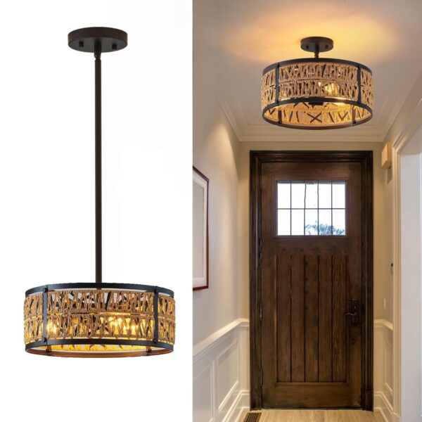 3-Lights Rattan Boho Chandelier for Dining Room Drum Wicker Pendant Light Fix...