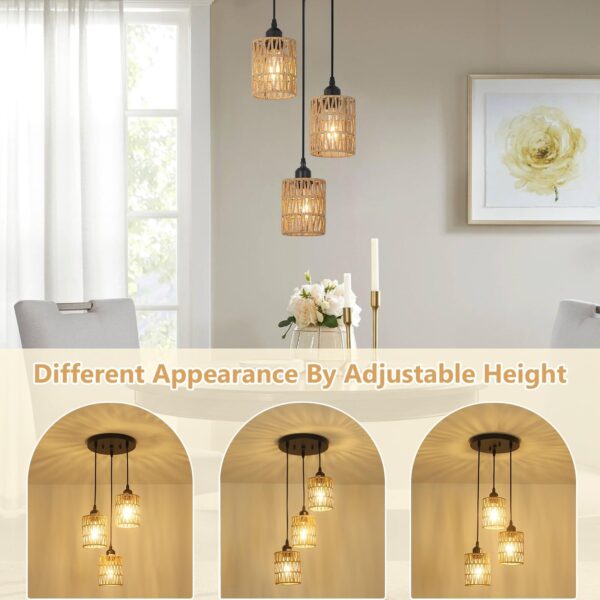 3 Lights Rattan Pendant Light, Farmhouse Dining Room Light Fixtures Ceiling H... - Image 3