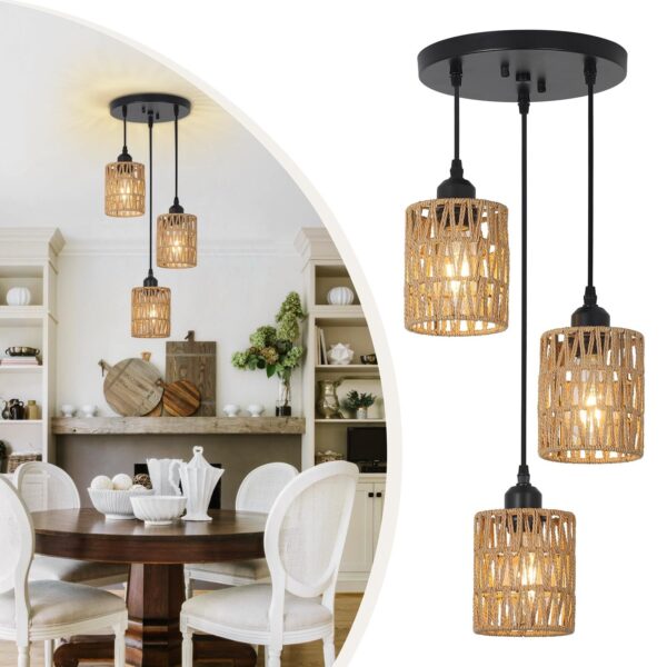 3 Lights Rattan Pendant Light, Farmhouse Dining Room Light Fixtures Ceiling H...