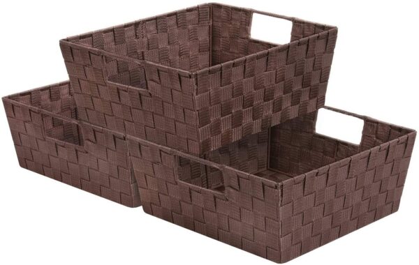 3 Pack Woven Basket Bin Set - Stackable Shelf Storage Tote Baskets with Handles - Image 4