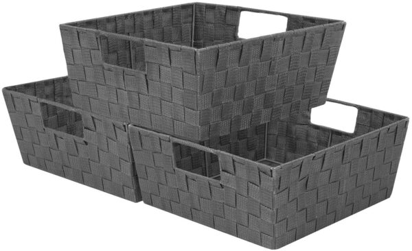 3 Pack Woven Basket Bin Set - Stackable Shelf Storage Tote Baskets with Handles - Image 5