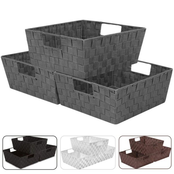 3 Pack Woven Basket Bin Set - Stackable Shelf Storage Tote Baskets with Handles