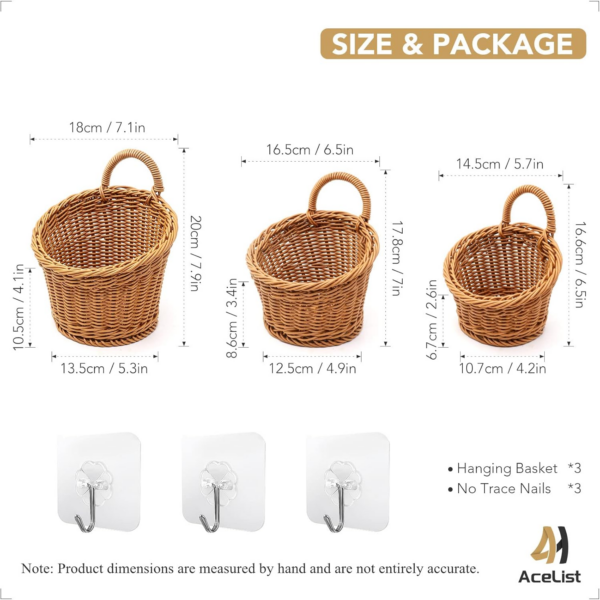 3 Pack Woven Storage Basket, Boho Wall Hanging Basket, Retro Farmhouse Decor, Pl - Image 2