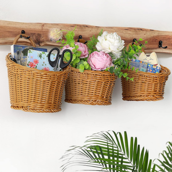 3 Pack Woven Storage Basket, Boho Wall Hanging Basket, Retro Farmhouse Decor, Pl - Image 4