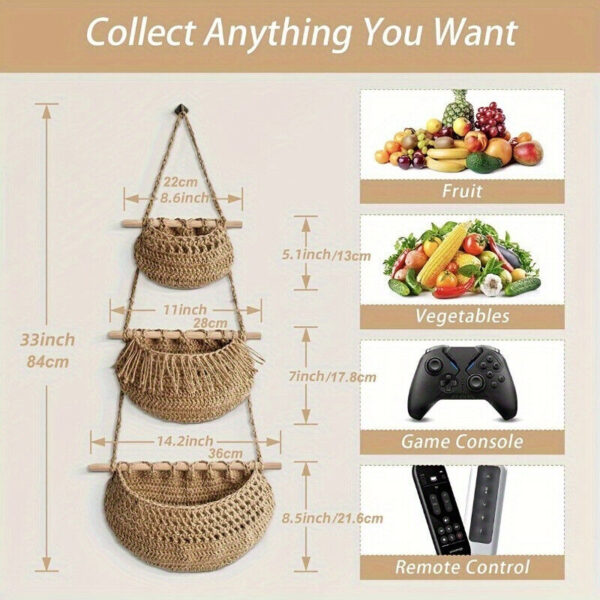 3-tire Woven Storage Bag, Bohemian Style Wall-Mounted Fruit And Vegetable Basket - Image 3