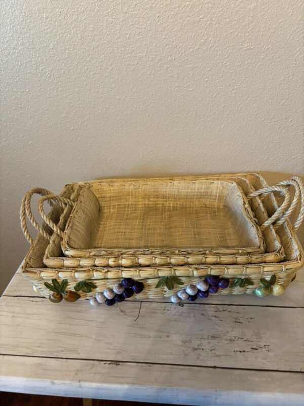 3 Vintage Woven Wicker Pyrex Casserole Basket Fruit Design Raffia Boho - Image 2