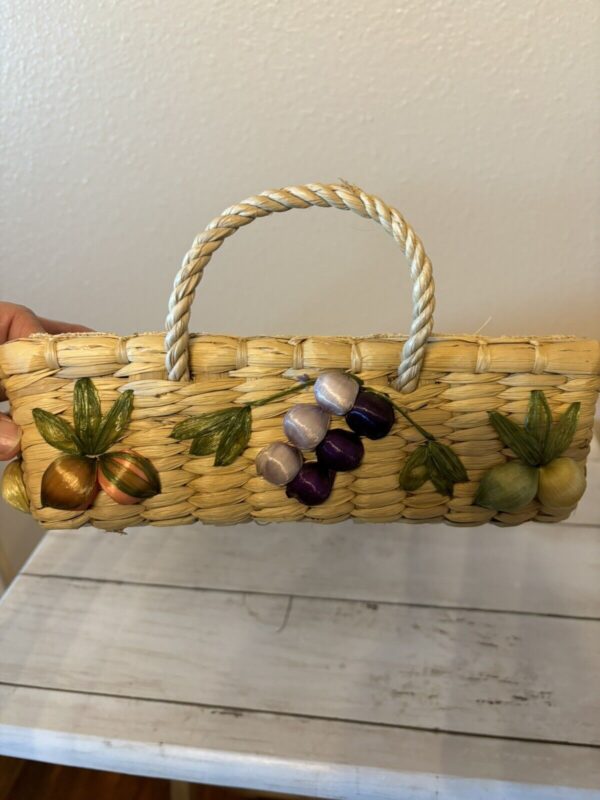 3 Vintage Woven Wicker Pyrex Casserole Basket Fruit Design Raffia Boho - Image 4