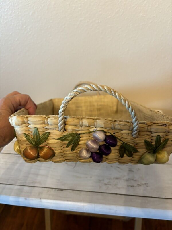 3 Vintage Woven Wicker Pyrex Casserole Basket Fruit Design Raffia Boho - Image 6