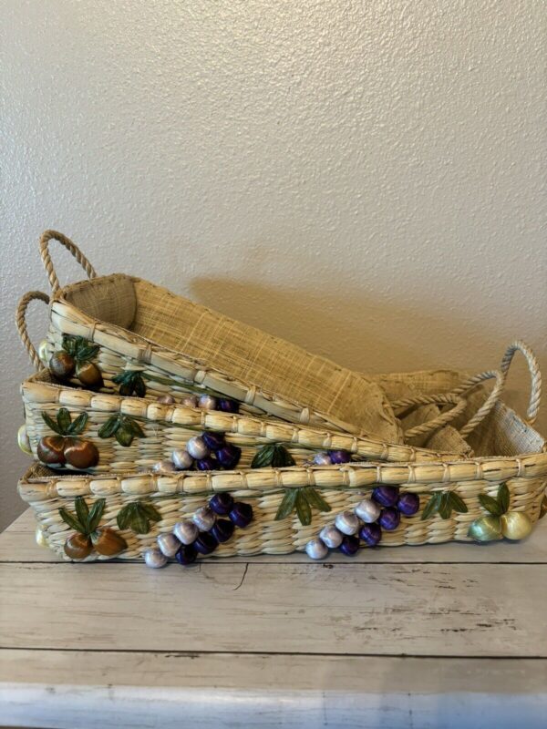 3 Vintage Woven Wicker Pyrex Casserole Basket Fruit Design Raffia Boho