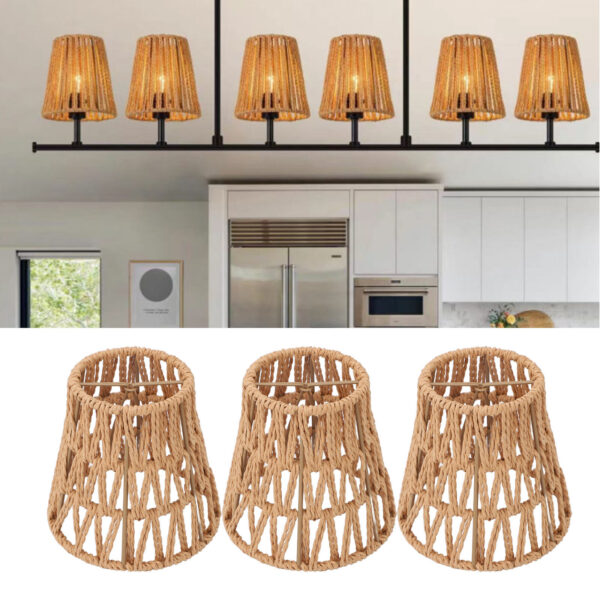 3x Faux Rattan Lamp Shades Bohemian Style Paper E14 Bulb Clip On Dec - Image 4