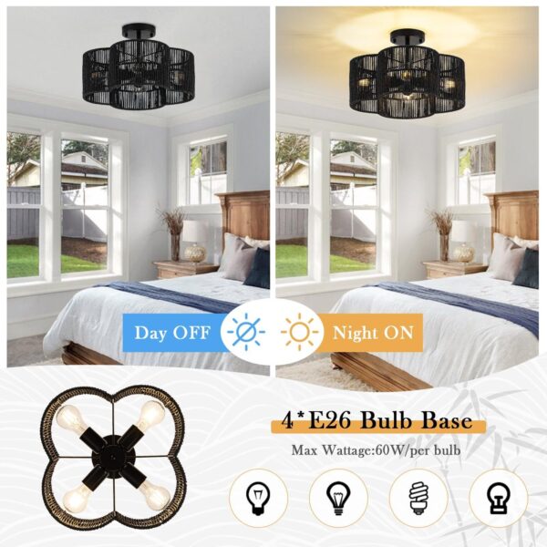 4-Light Rattan Ceiling Light Fixtures, 15" Semi Flush Mount Ceiling Light, Bo... - Image 2