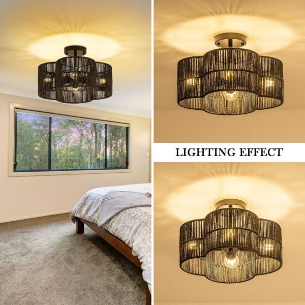 4-Light Rattan Ceiling Light Fixtures, 15" Semi Flush Mount Ceiling Light, Bo... - Image 3