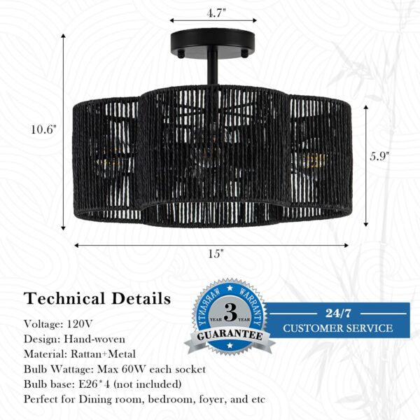 4-Light Rattan Ceiling Light Fixtures, 15" Semi Flush Mount Ceiling Light, Bo... - Image 4