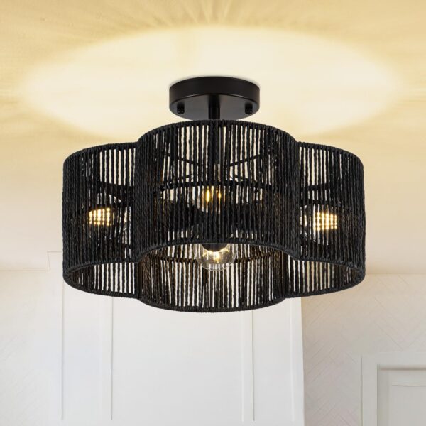 4-Light Rattan Ceiling Light Fixtures, 15" Semi Flush Mount Ceiling Light, Bo...