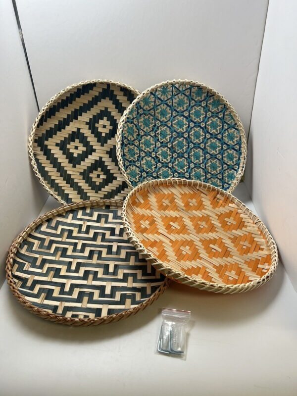 4x Woven Wicker Bamboo Round Basket Tray Large Geometric Boho Wall Art 13'' New