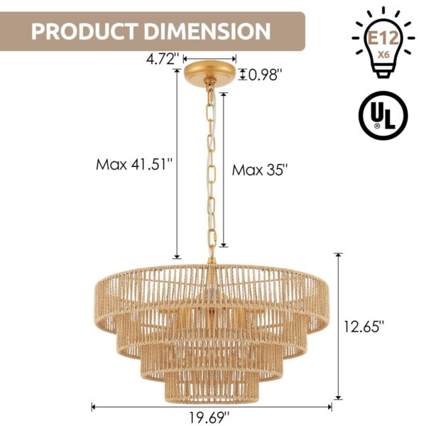 6-Lights Hand-Woven Rattan Pendant Light 4 Round Transitional Minimalist Boho... - Image 6