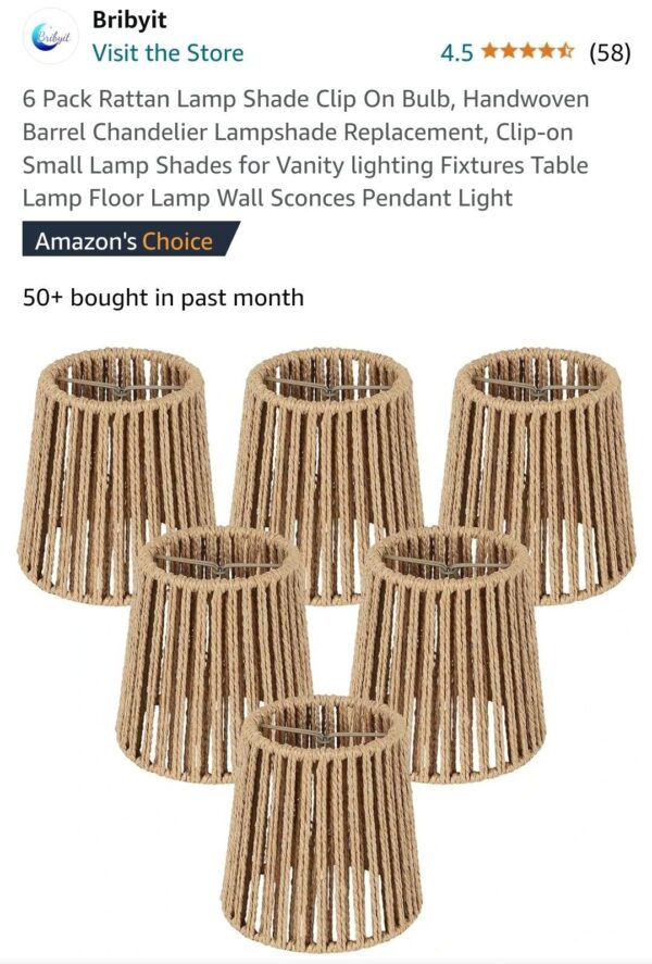 6 Pack Rattan Lamp Shade Clip on Bulb, Handwoven Barrel Chandelier Lampshade Rep - Image 6